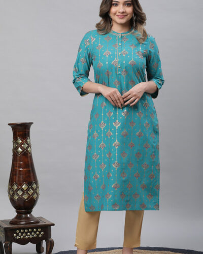 Women Printed Viscose Rayon Straight Kurta (Blue, Gold, Maroon)