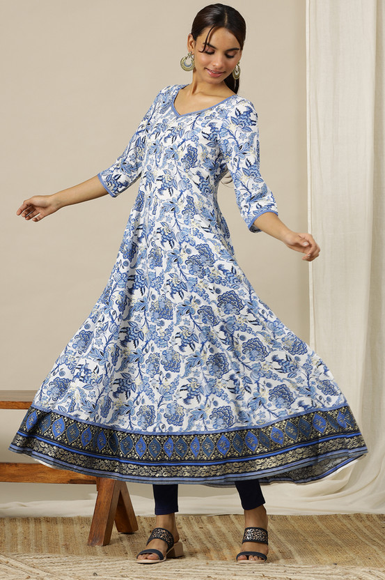 Women Floral Print Viscose Rayon Flared Kurta (White)