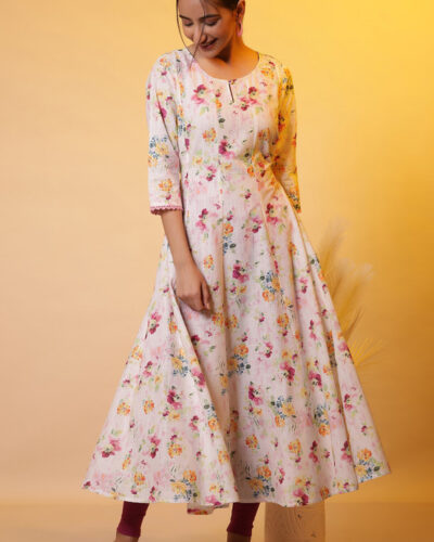 Women Floral Print Pure Cotton Flared Kurta (White)