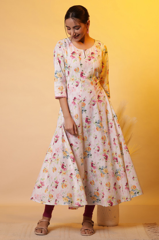 Women Floral Print Pure Cotton Flared Kurta (White)