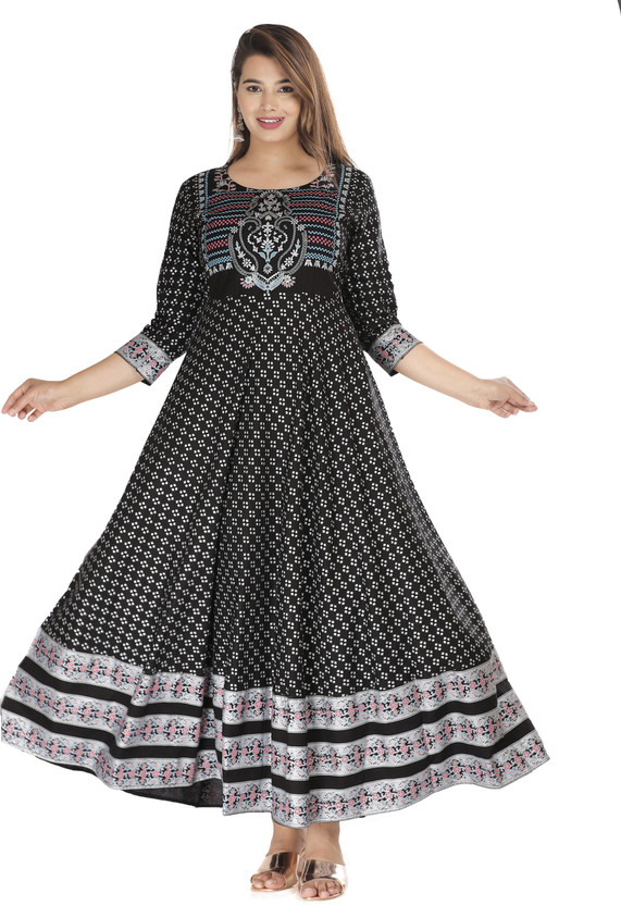 Women Self Design Viscose Rayon Anarkali Kurta (Black)