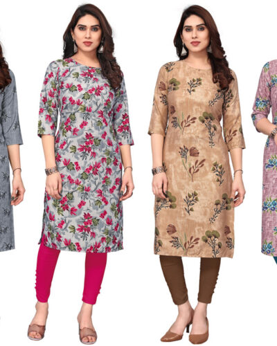 Pack of 4 Women Printed Crepe Straight Kurta (Multicolor)