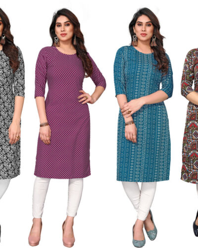 Pack of 4 Women Printed Crepe Straight Kurta (Multicolor)
