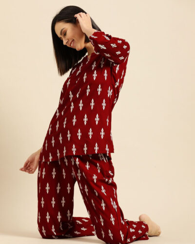 Women Night Suit Set Maroon Printed