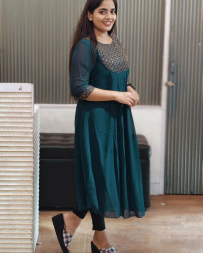 Women Embroidered, Solid Georgette Flared Kurta (Light Blue)