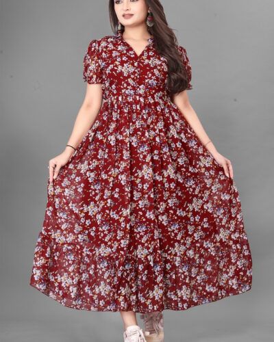 Women Pleated Red Maxi/Full Length Dress