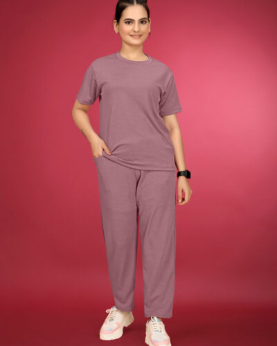 Women Top & Pyjama Set Pink Solid