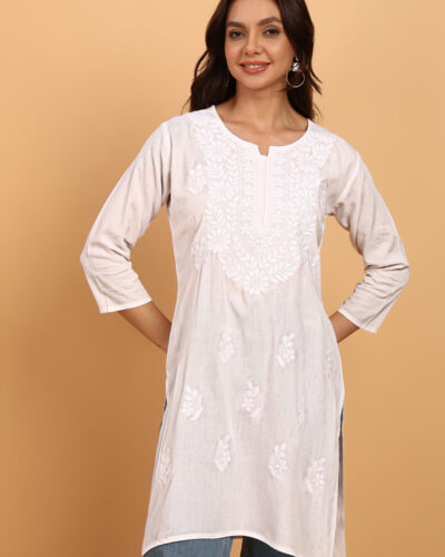 Women Chikan Embroidery, Embroidered, Self Design Viscose Rayon Straight Kurta (White)