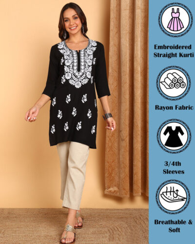 Women Chikan Embroidery, Embroidered, Self Design Viscose Rayon Straight Kurta (Black, White)