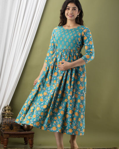 Printed Pure Cotton Stitched Flared/A-line Gown (Green, Yellow)