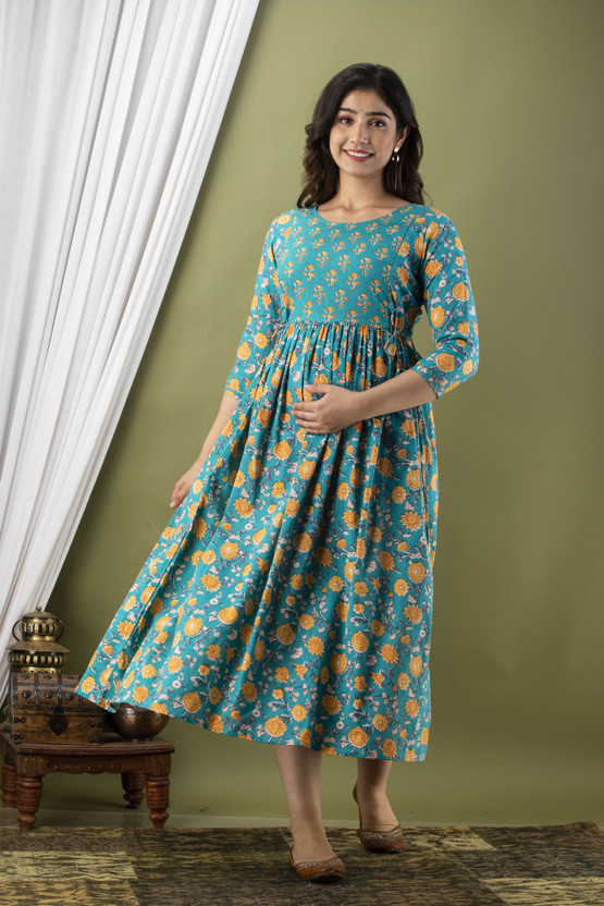 Women Floral Print Pure Cotton A-line Kurta (Green, Yellow)