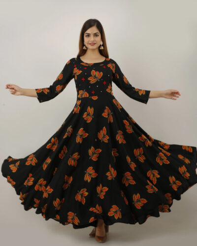 Women Printed Viscose Rayon Flared Kurta (Black)