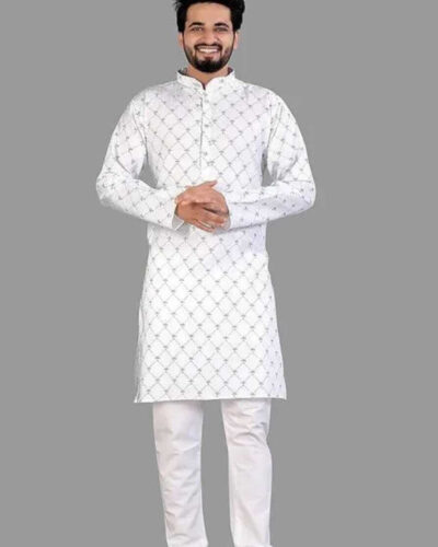 Men Printed Cotton Blend Straight Kurta (White)