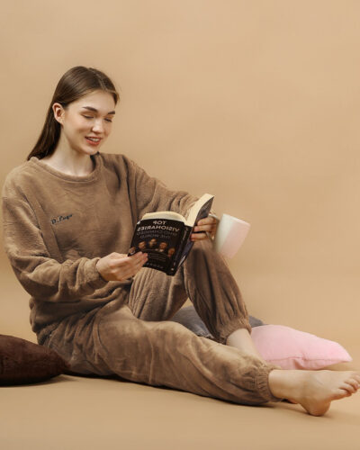 Women Night Suit Set Brown Solid
