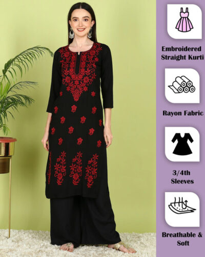 Women Chikan Embroidery, Embroidered, Floral Print Viscose Rayon A-line Kurta (Black)
