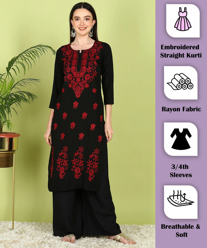 Women Chikan Embroidery, Embroidered, Floral Print Viscose Rayon A-line Kurta (Black)