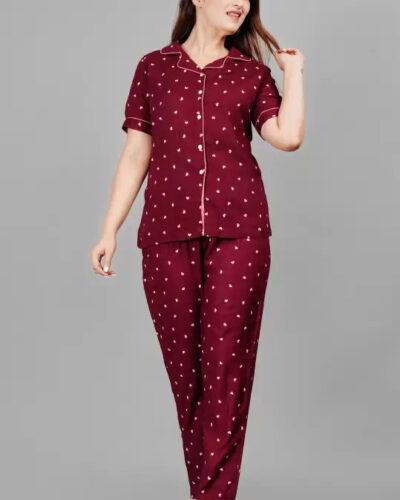 Women Night Suit Set Maroon, White Printed