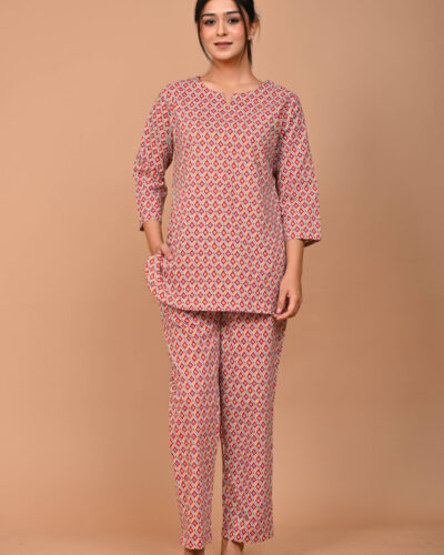 Women Top & Pyjama Set Pink Printed