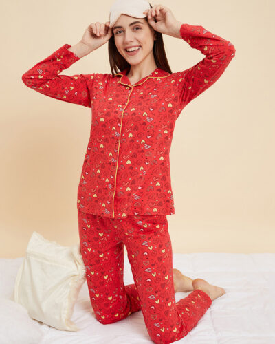 Women Shirt & Pyjama set Red Printed