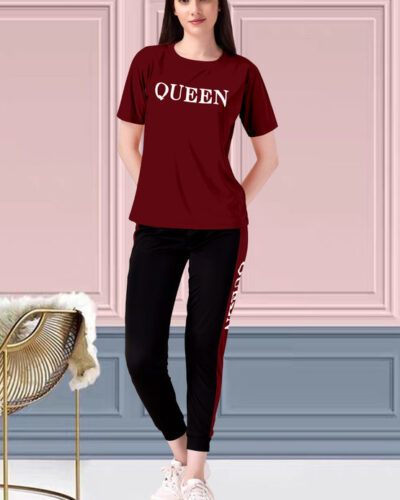 Women Night Suit Set Maroon Solid