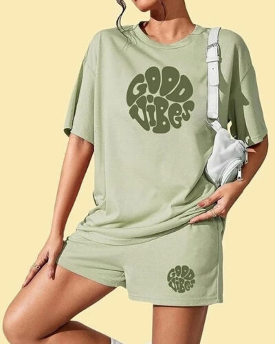 Women Top & Shorts Set Green Printed