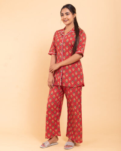 Women Shirt & Pyjama set Red Printed