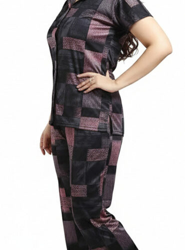 Women Night Suit Set Pink Colorblock, Printed