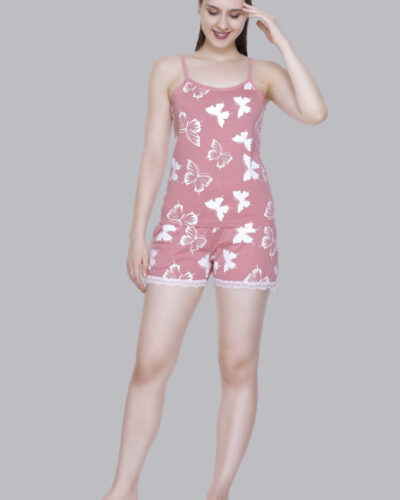 Women Top & Shorts Set Pink Printed