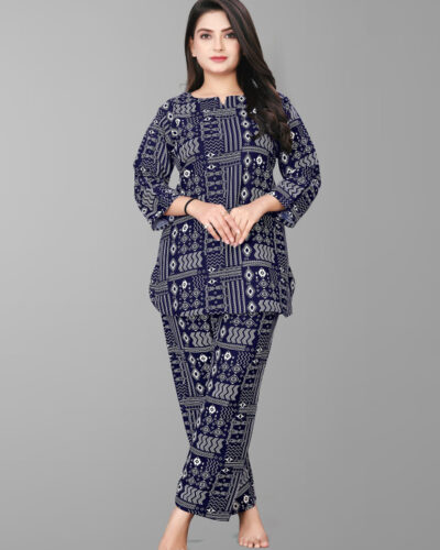 Women Night Suit Set Blue Printed