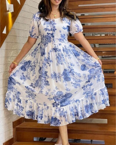 Women Fit and Flare White, Blue Below Knee Dress