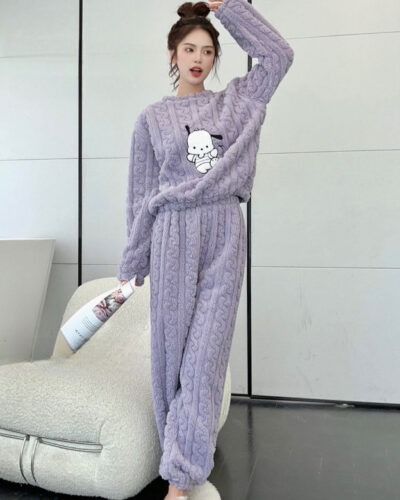 Women Night Suit Set Purple Self Design