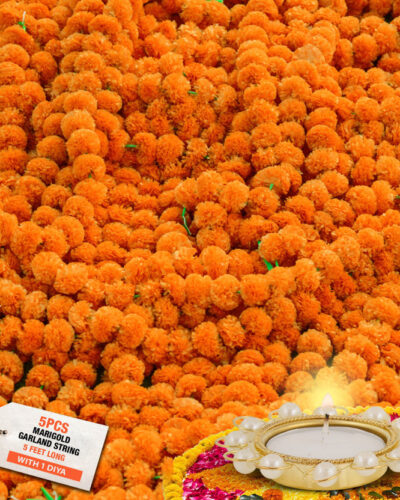 OUTRANK Marigold Artificial Flowers for Decoration Long Garland Perfect for Diwali Decoration Navratri, Pooja, Home Inauguration,Temple, Wedding ,5 Feet Long 5 Pcs with 1 Diya Orange Marigold Artificial Flower (60 inch, Pack of 5, Garlands)