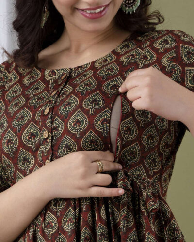 Printed Pure Cotton Stitched Flared/A-line Gown (Brown, White)