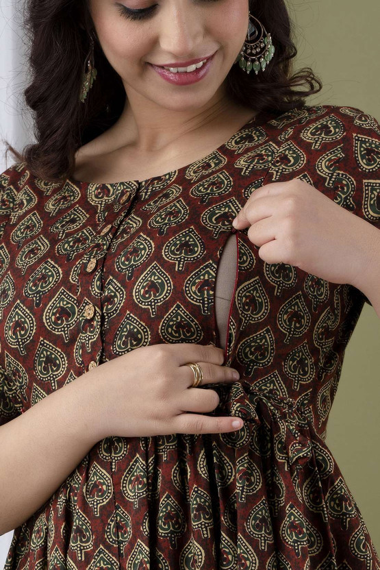 Printed Pure Cotton Stitched Flared/A-line Gown (Brown, White)