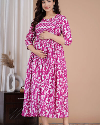 Printed Pure Cotton Stitched Flared/A-line Gown (Purple)