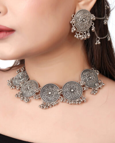 Oxidised Silver Brass Silver Jewel Set (Pack of 1)