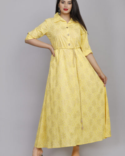 Women Printed Pure Cotton A-line Kurta (Yellow)