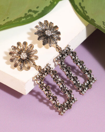Women's Daisy Intricate Geometric Drop Earrings - Dark Silver Alloy Drops & Danglers