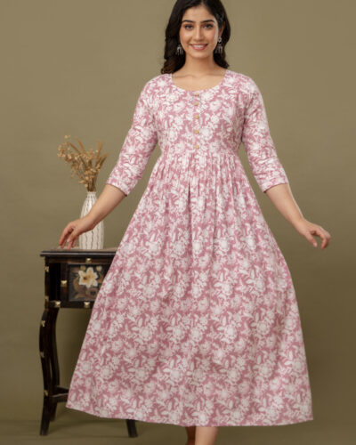 Floral Print Pure Cotton Stitched Flared/A-line Gown (White)