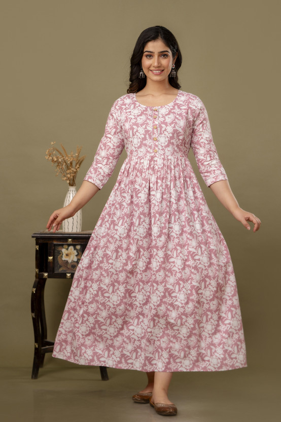 Floral Print Pure Cotton Stitched Flared/A-line Gown (White)