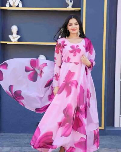 Women Printed Cotton Blend Gown Kurta (Pink)