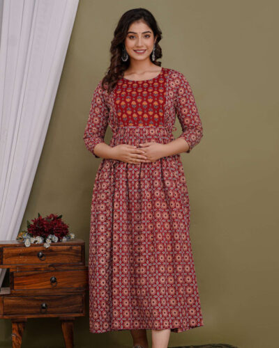Printed Pure Cotton Stitched Flared/A-line Gown (Maroon, Orange)