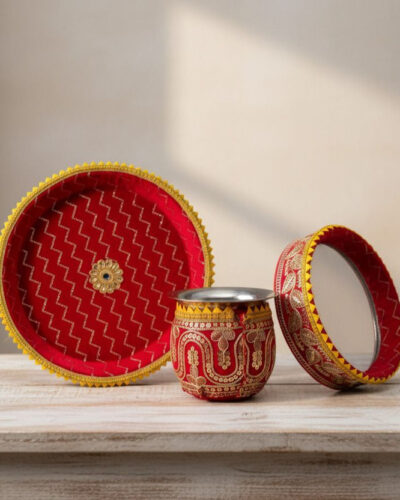 ShubhMandir Karwa Chauth 3 Pieces Decorative Pooja Thali Set Stainless Steel (3 Pieces, Red)