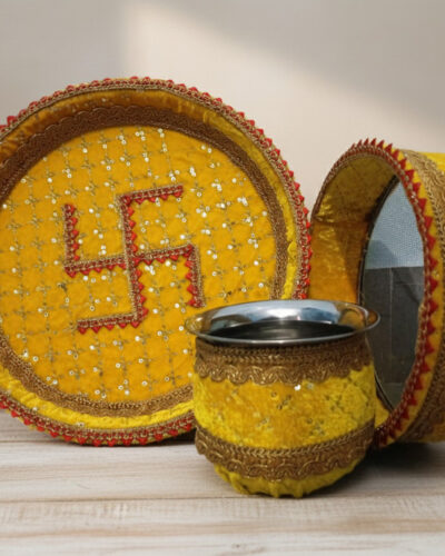 ShubhMandir Karwa Chauth 3 Pieces Yellow Decorative Pooja Thali Set Stainless Steel (3 Pieces, Yellow)