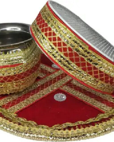 DarshEMPIRE Karwa Chauth Special Decorated Gota Zari Art And Craftwork Traditional Thali Set Stainless Steel (3 Pieces, Multicolor)
