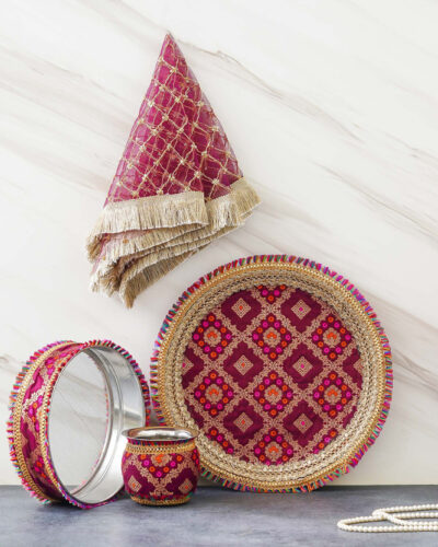 eCraftIndia One Brown Golden Designer Stainless Steel Karwa Chauth Pooja Thali Set Steel (4 Pieces, Pink)