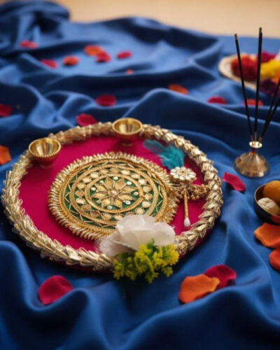 Mncollection Handcrafted Decorative Roli Chawal Thali with Bowls for Pooja & Festivals Wooden (1 Pieces, Multicolor)