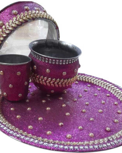 NISHKAM ENTERPRISES PInk shimmer Karva chauth thali set - jali,thaal lota and glass Stainless Steel (4 Pieces, Pink)