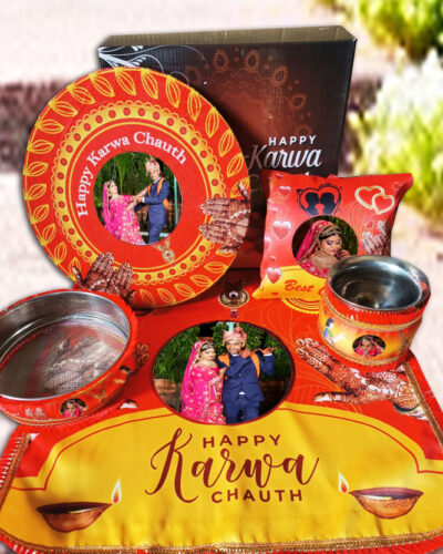 Rudram Arts Customized Karwa Chauth Pooja Thali 5 Pieces Set Personalized Photo Steel (1 Pieces, Multicolor)