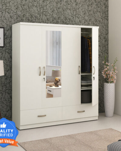 Hometown Utsav Engineered Wood 4 Door Wardrobe (Finish Color - White, Mirror Included, Knock Down)